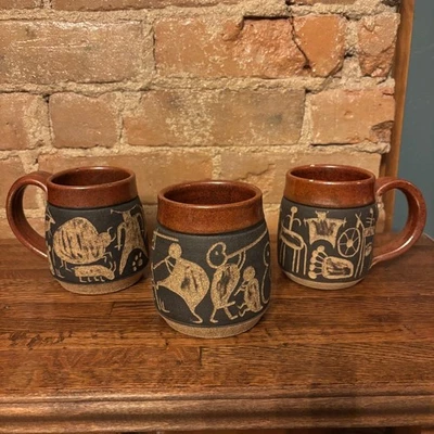 3 Dick Masterson Southwest Petroglyph Textured Coffee Mugs Santa Fe Pottery - Image 1 of 4