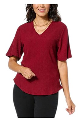 DG2 by Diane Gilman Women's Plissé Knit Flutter-Slv VNeck Top Cabernet