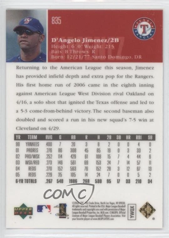 2006 Upper Deck Special F/X D'Angelo Jimenez #835 - Image 2 of 2