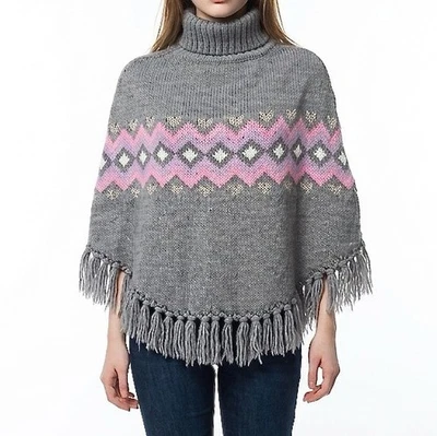Strickponcho mit Rollkragen, grau rosa Fair Isle Cape, Fransen Winter Schal - Bild 1 von 4