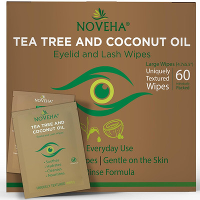 NOVEHA 60Pcs Tea Tree & Coconut Oil Eyelid & Lash Wipes - for Demodex, Blepharit