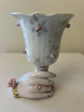Lefton VTG Rose Bud Hand Holding Vase Planter Gold Flake Hand Painted Porcelain