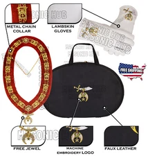 MASONIC SHRINER LOGO CHAIN COLLAR CASE WITH CHAIN COLAR & GLOVES + FREE JEWEL