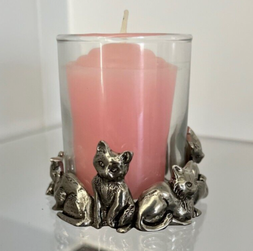 PEWTER CANDLE HOLDER votive cats kittens Glass Canada Etain Zinn 1992