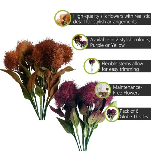 6 Stück x 70 cm Künstliche Kugel Distel Blumenstiele, wählbar gelb oder lila - Bild 19 von 24