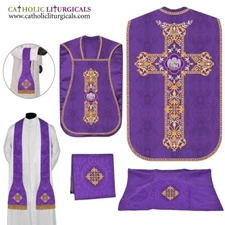 NEW Violet Roman Chasuble Fiddleback Vestment and Mass set, Pelican embroidery