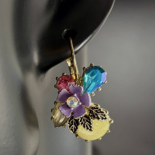 Betsey Johnson Multicolor Rhinestone Pink Blue Gold Tone Lever Back Earrings