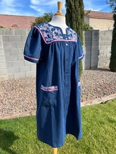 Go Softly Patio Dress Denim Muu Muu S Dark Blue w/Embroidered Flowers NWT