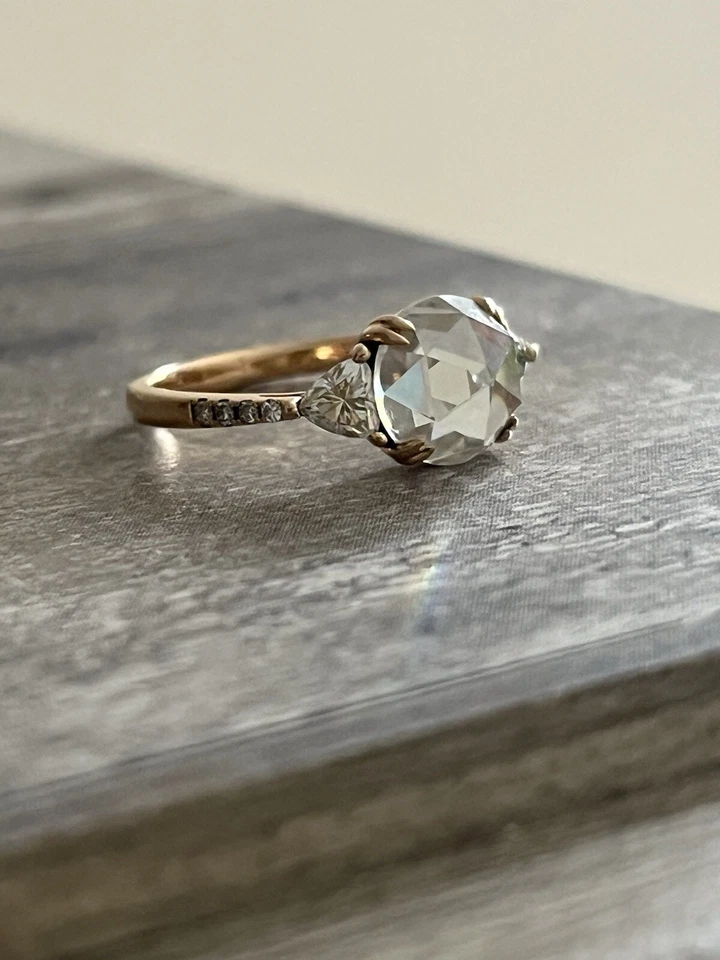 18K Solid Rose Gold Ring Rose Cut Moissanite Side Trillions And Pavé Setting - Image 3 of 4