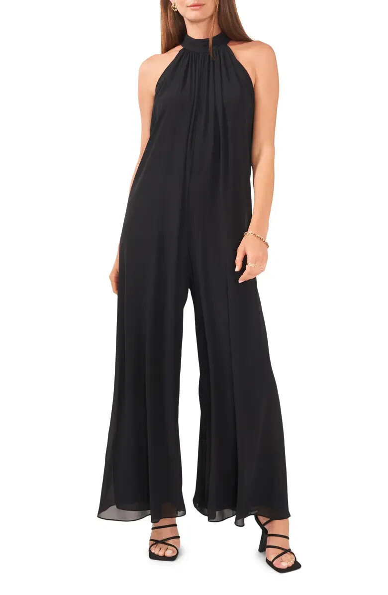 Vince Camuto Halter Neck Wide Leg Chiffon Jumpsuit Color Black