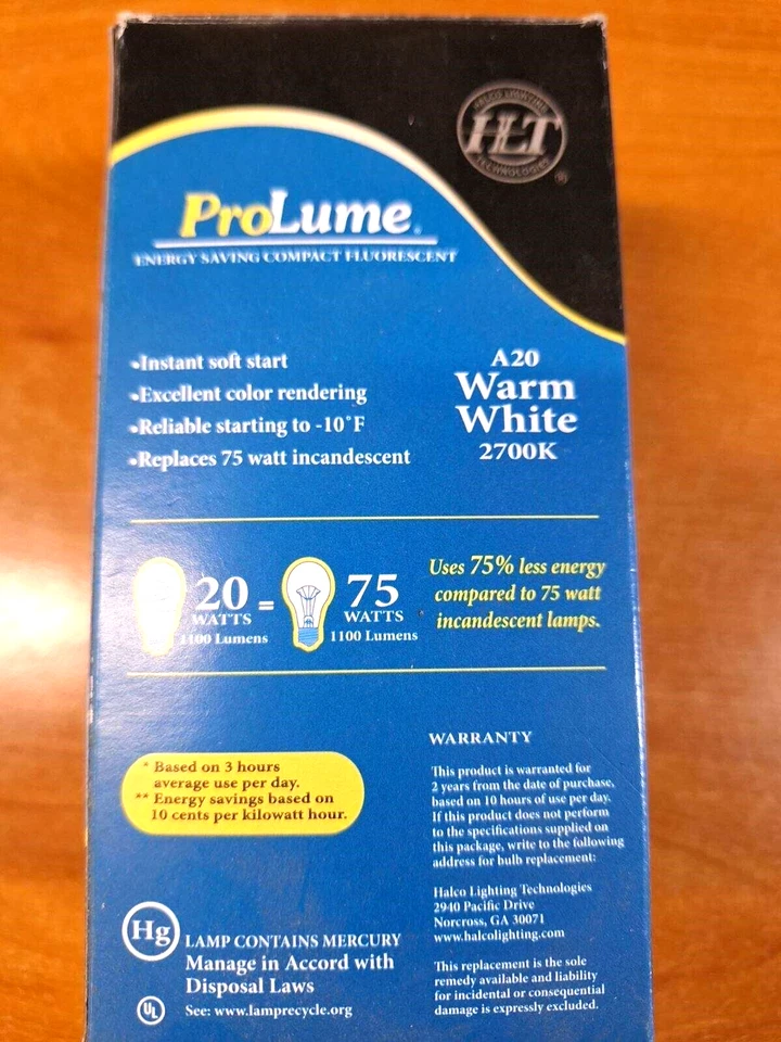 Halco 45743 CFL20/27/A20 Prolume Self-Ballast 20W=75 2700K Box Misprint 1100L - Image 3 of 4