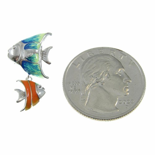 Solid 925 Sterling Silver & Enamel Fishes Slide Pendant, Blue and Orange Fish - Picture 5 of 8