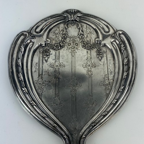 VINTAGE / ANTIKER HANDSPIEGEL Silberplatte abgeschrägtes Glas Waschtisch verziertes Dekor