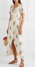 Madewell Dress Sz 2 Maxi Cream Floral Asymmetrical Hem Slit Silky Wrap Front
