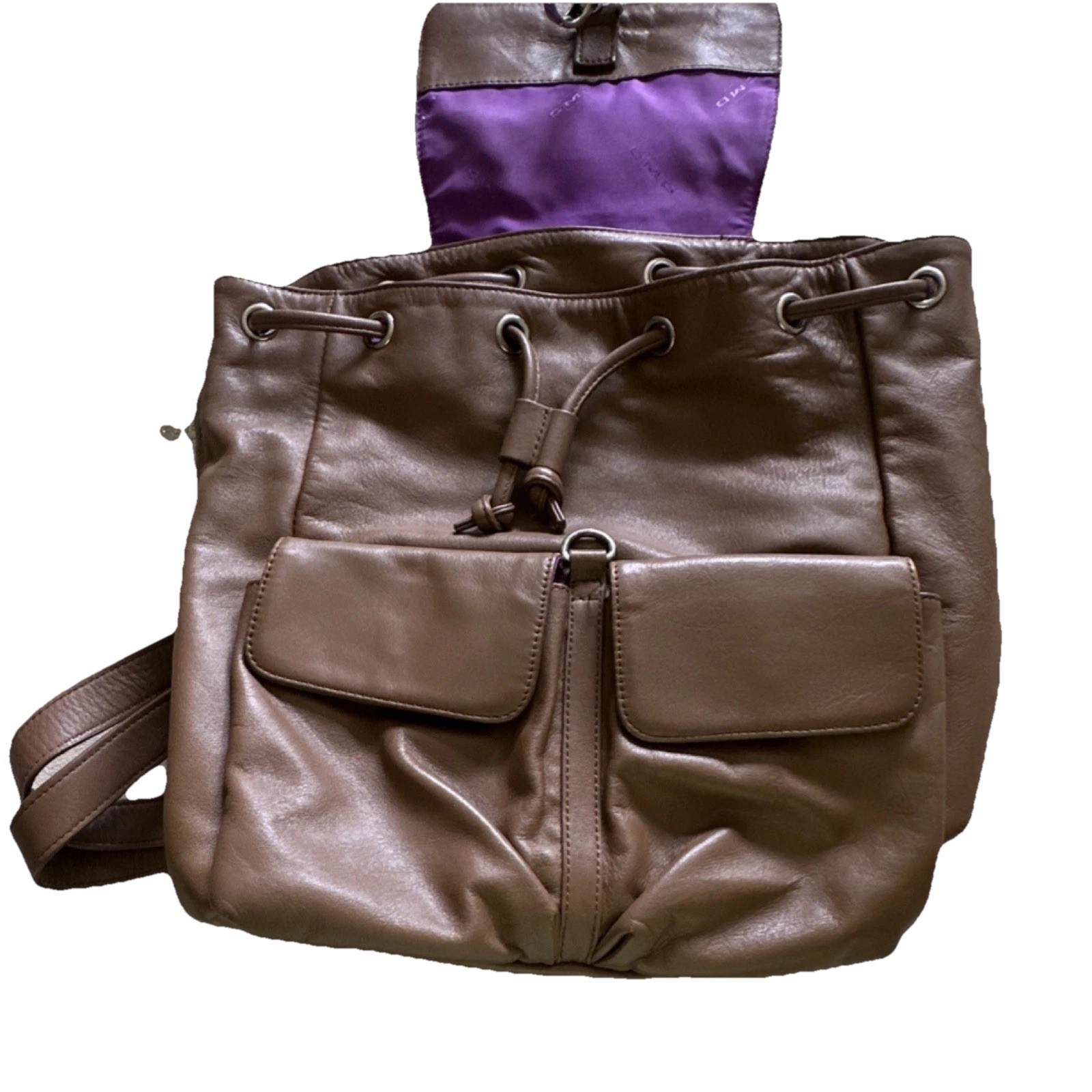 Brown Leather Backpack Drawstring, pockets, Purpl… - image 2