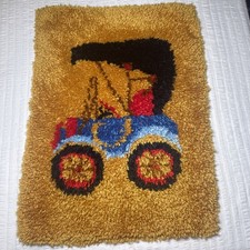 VTG Decor 70/80s Car Latch Hook Shag Rug Wall Art Grandpa Core Gold 27"LX 19"W
