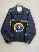 Vintage NASCAR Jeff Hamilton Tide Embroidered Racing Coat Blue Denim Zip XXL