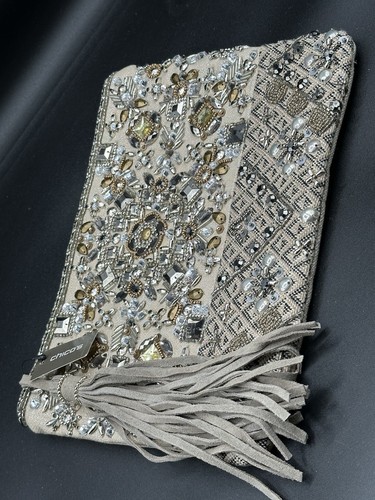 Chico's GOLD SILVER MULTICOLOR BEADED EMBROIDERED CANVAS HANDBAG CLUTCH. NWT - Picture 3 of 8