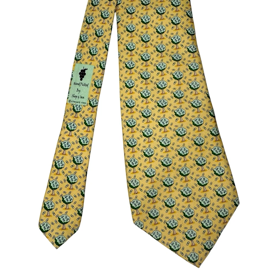 Vineyard Vines Martha’s Vineyard 100% 真丝领带黄色带钱树美国 — 第 4/4 张图片