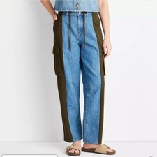 Mid-Rise Barrel Leg Mixed Fabric Jeans - Future Collective Blue Denim - 4 - A19