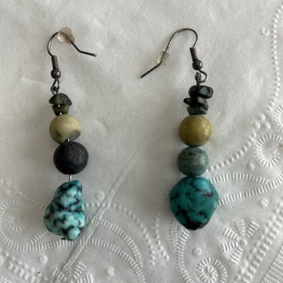 Southwest Natural Turquoise Nuggets And Brown Stone Silver Drop Earrings