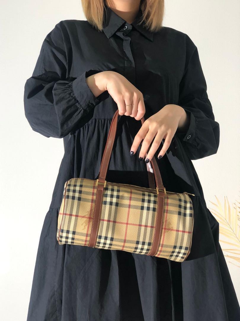 Burberry Nova Check Cylindrical Mini Boston Bag Leather PVC