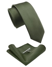 2.4" Olive Green Skinny Tie and Pocket Square with Tie Clip Sets for Men 42