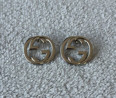 Gucci Interlocking GG Silver Tone Round Stud Earrings Statement Logo Vintage