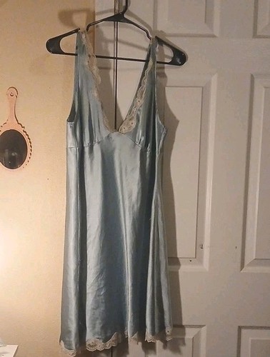 Victoria's Secret Blue Satin Full Slip Lace Trim Solid Women's Size L
