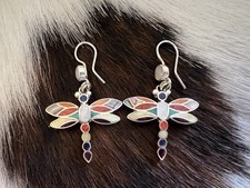 Peruvian Inca Inlaid Turquoise Spiny MOP Lapis Dragonfly 950 Silver Earrings
