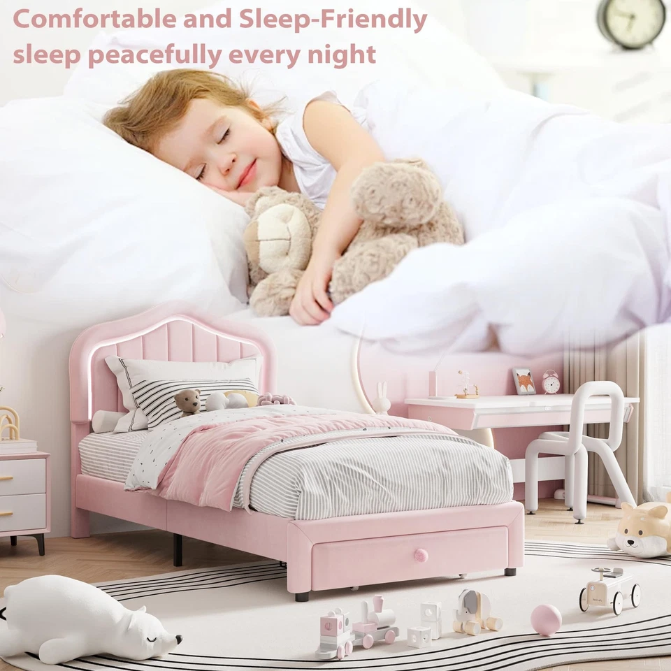 Marco de cama tapizado doble con cajón de almacenamiento y cabecero LED inteligente para niños Foto 4 de 4