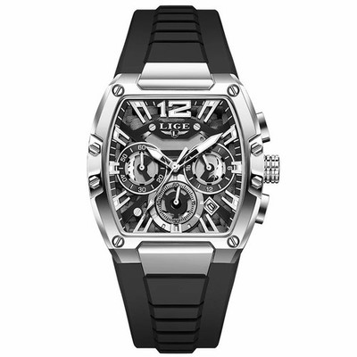 LIGE Men's TWO Quartz Chronograph Tonneau Watch Date Stainless Steel Silicone