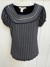 Studio M Black, Blue, Tan Design Short Sleeve Blouse Size XS