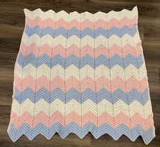 Handmade Crochet Baby Afghan Blanket Pastel Newborn Pink Blue Chevron 35" x 37"
