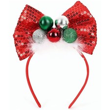 Christmas Bow Headband Red Sequins Hair Bands Big Bow Headpiece with Balls De...
