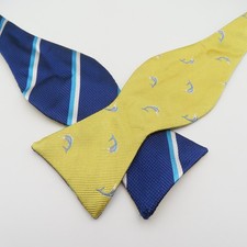 Brooks Brothers Bow Tie Silk Yellow Blue Fish 2.25" Wide Self Tie Double Sided