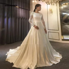 Luxury Lace Satin Wedding Dress for Bride Long Sleeve Lace-up Scoop Neck A-Line