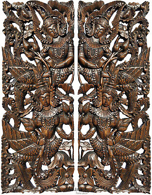 Traditional Thai Figure Asian Wall Art Carved Wood Panels Home Decor Dark Brown - Thai Home Wall Decor