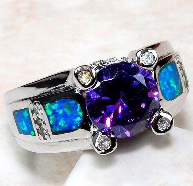 2CT Amethyst & Australian Opal Inlay Sterling Silver Ring Size 6 BA3