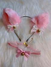 Anime Furry Faux Fur Cat Fox Ears Headband Lolita Choker Cos Costume Pink