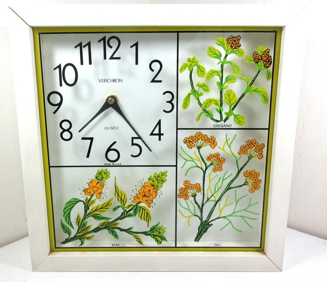 Vintage Verichron Wall Clock 11.5" Wood Glass Frame Herbs Basic Oregano