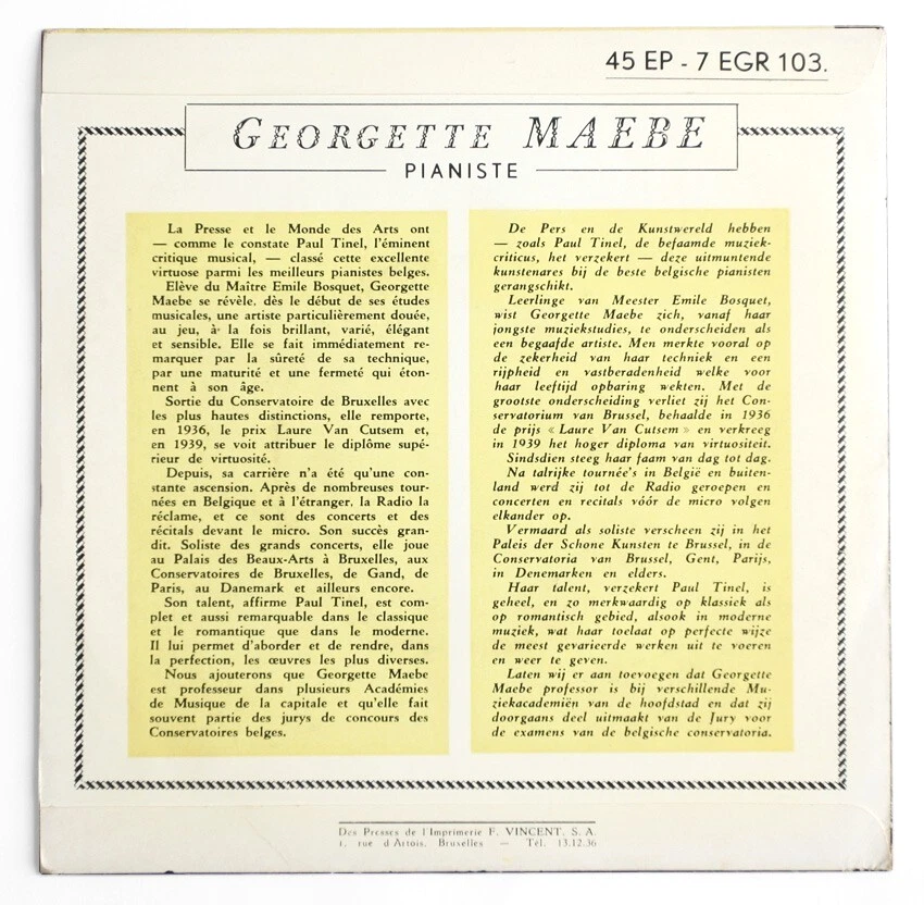 GEORGETTE MAEBE Belgian romantic piano recital belgium HMV 7 EGR 103 vinyl EP - Image 2 of 3