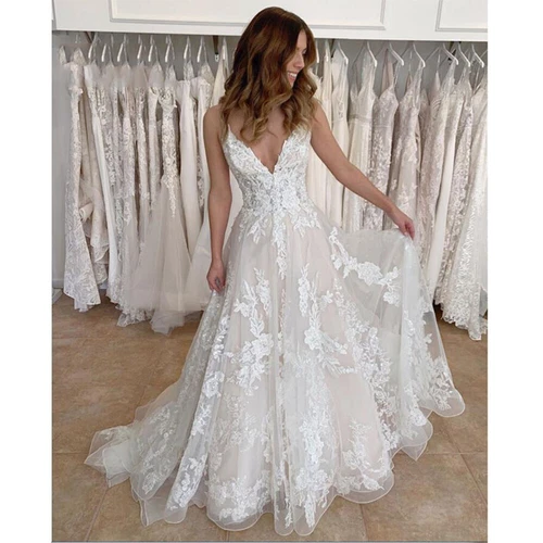 V Neck Beach Boho Wedding Dresses Lace Appliques A Line Sweep Train Bridal Gowns - Picture 2 of 7
