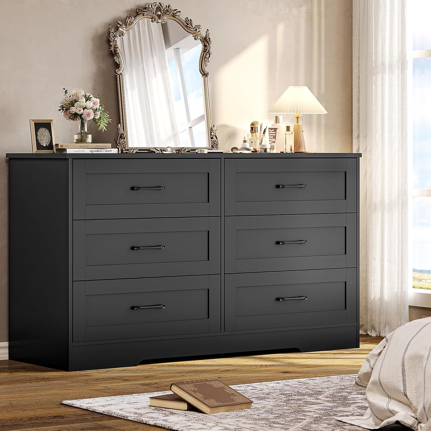 Modern 6-Drawer Black Wooden Dresser for Bedroom Storage