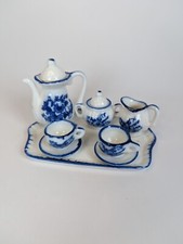 Blue  White Dollhouse Tea Set with Tray, Tea Cup  Saucer, Tea Pot Vintage