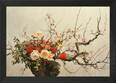 Blumengesteck mit Ast gerahmtes Wandbild Poster Leinwanddruck Bild