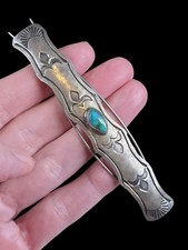 LARGE VINTAGE NAVAJO TURQUOISE GREAT STAMP WORK STERLING HAIR BARRETTE CLIP