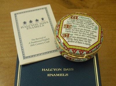 Boxed Halcyon Days ''When I Was A Child...'' Corinthians Emaille Box - 2 3/8''