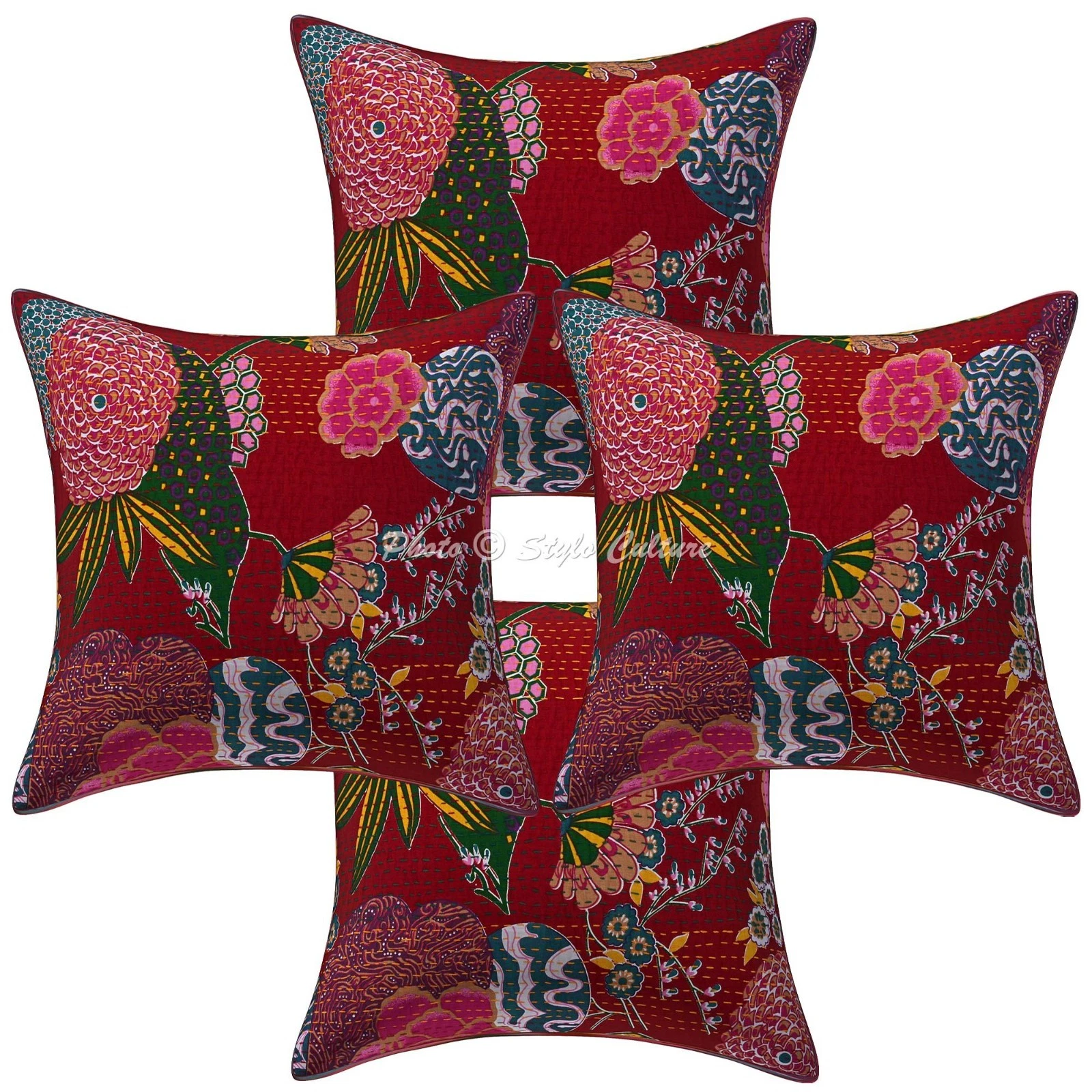 Boho Cotton Throw Pillow Covers Kantha Maroon Tropicana Home Decor Cushion Cover
