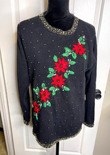Vtg B.P. Design Christmas embellished beaded sweater poinsettia Size S DEFECTS